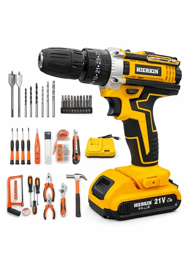 50Pcs Ultimate 21V Power Drill &amp; Hand Tool Combo Set with Hacksaw, Hammer &amp; Wrench HEK-P1015-7