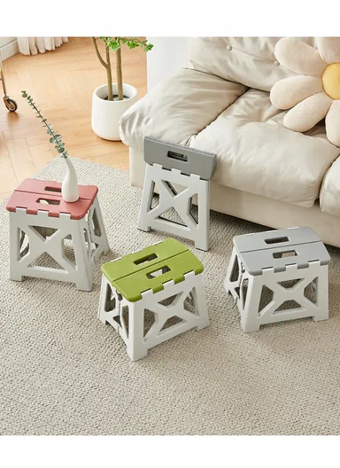 Space-Saving Collapsible Utility Stool, Non-Slip, Ready-to-Use, Two-Tone Step-Up Table Design 6201 (L34.5 x W27 x H33)cm - Light Grey &amp; Green