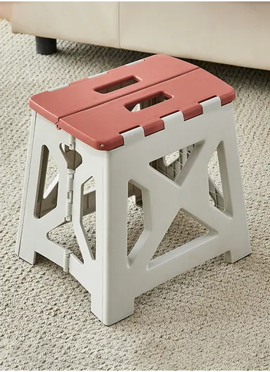 Space-Saving Collapsible Utility Stool, Non-Slip, Ready-to-Use, Two-Tone Step-Up Table Design 6201 (L34.5 x W27 x H33)cm - Light Grey &amp; Brick Red