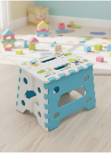 Children’s Portable Folding Step Stool with Cute Cartoon Design, Non-Slip Surface &amp; Easy Carry Handle (L29 × W23 × H22)cm – Blue