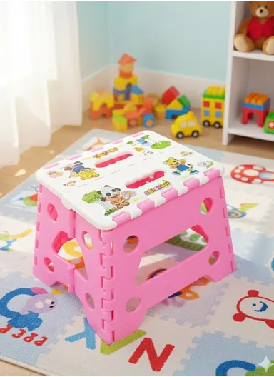 Children’s Portable Folding Step Stool with Cute Cartoon Design, Non-Slip Surface &amp; Easy Carry Handle (L29 × W23 × H22)cm – Pink