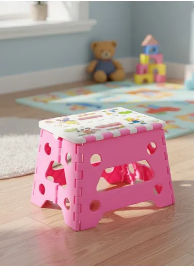 Children’s Portable Folding Step Stool with Cute Cartoon Design, Non-Slip Surface &amp; Easy Carry Handle (L29 × W23 × H22)cm – Pink
