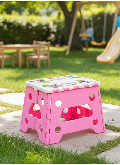 Children’s Portable Folding Step Stool with Cute Cartoon Design, Non-Slip Surface &amp; Easy Carry Handle (L29 × W23 × H22)cm – Pink