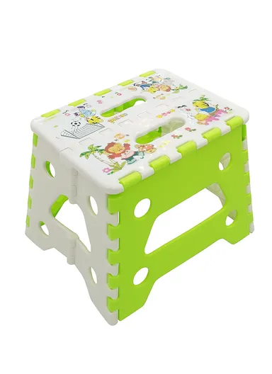 Children’s Portable Folding Step Stool with Cute Cartoon Design, Non-Slip Surface &amp; Easy Carry Handle (L29 × W23 × H22)cm – Green