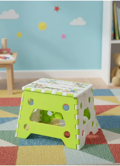 Children’s Portable Folding Step Stool with Cute Cartoon Design, Non-Slip Surface &amp; Easy Carry Handle (L29 × W23 × H22)cm – Green