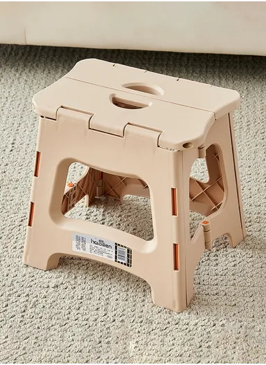 Folding Step Stool with Carry Handle, Space-Saving Design, Non-Slip Surface for Home, Kitchen &amp; Bathroom (L27 × W24 × H27)cm – Beige