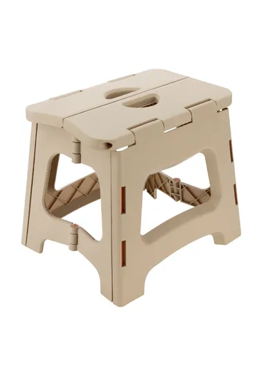 Folding Step Stool with Carry Handle, Space-Saving Design, Non-Slip Surface for Home, Kitchen &amp; Bathroom (L27 × W24 × H27)cm – Beige