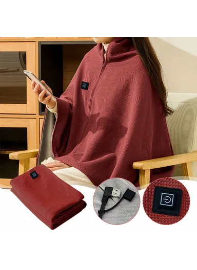 150 x 80cm USB Heated Zipper Poncho for Single Person Heating Shawl Home Office Nap Electirc Warming Blanket - Coffee