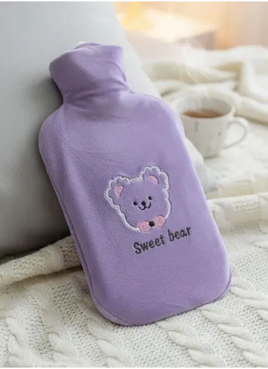 2L Cute Doodle Hot Water Bottle, Double Sided Heating, Leak-Proof PVC Hand &amp; Stomach Warmer - Bear / Light Purple