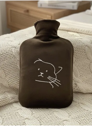 2L Cute Doodle Hot Water Bottle, Double Sided Heating, Leak-Proof PVC Hand &amp; Stomach Warmer - Cat / Brown