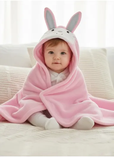Soft Rabbit Style Baby Hooded Bath Towel, Ultra-Absorbent &amp; Warm Baby Bath Blanket (L77 × W104)cm - Pink