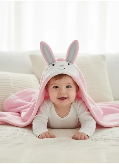 Soft Rabbit Style Baby Hooded Bath Towel, Ultra-Absorbent &amp; Warm Baby Bath Blanket (L77 × W104)cm - Pink