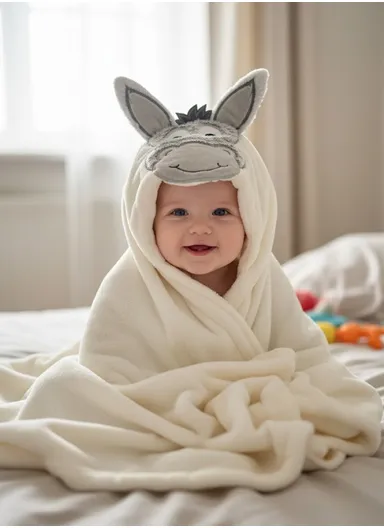 Soft Donkey Style Baby Hooded Bath Towel, Ultra-Absorbent &amp; Warm Baby Bath Blanket (L77 × W104)cm – Off White