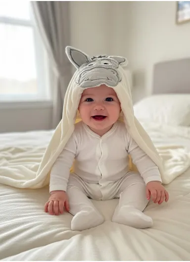Soft Donkey Style Baby Hooded Bath Towel, Ultra-Absorbent &amp; Warm Baby Bath Blanket (L77 × W104)cm – Off White