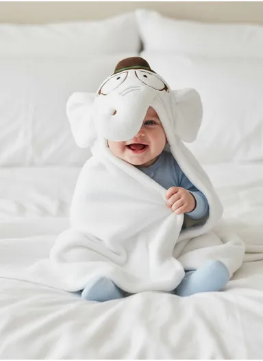 Soft Cartoon Elephant Style Baby Hooded Bath Towel, Ultra-Absorbent &amp; Warm Baby Bath Blanket (L77 × W104)cm - White