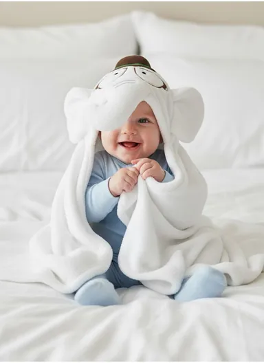 Soft Cartoon Elephant Style Baby Hooded Bath Towel, Ultra-Absorbent &amp; Warm Baby Bath Blanket (L77 × W104)cm - White