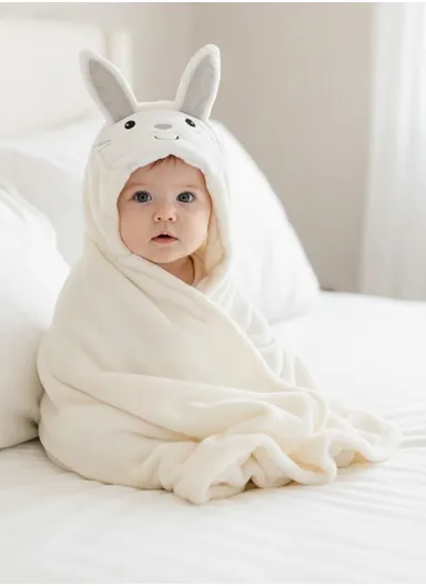 Soft Rabbit Style Baby Hooded Bath Towel, Ultra-Absorbent &amp; Warm Baby Bath Blanket (L77 × W104)cm - Off White