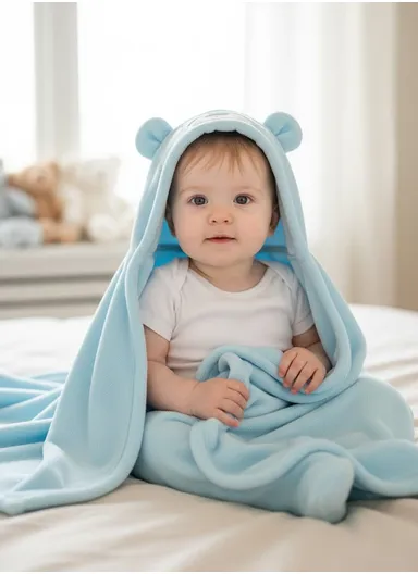 Soft Bear Style Baby Hooded Bath Towel, Ultra-Absorbent &amp; Warm Baby Bath Blanket (L77 × W104)cm – Light Blue