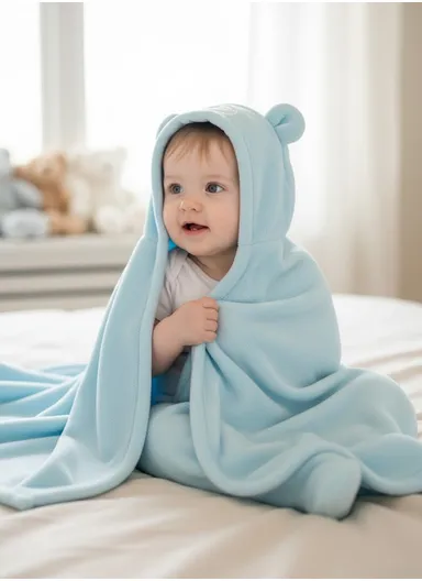 Soft Bear Style Baby Hooded Bath Towel, Ultra-Absorbent &amp; Warm Baby Bath Blanket (L77 × W104)cm – Light Blue