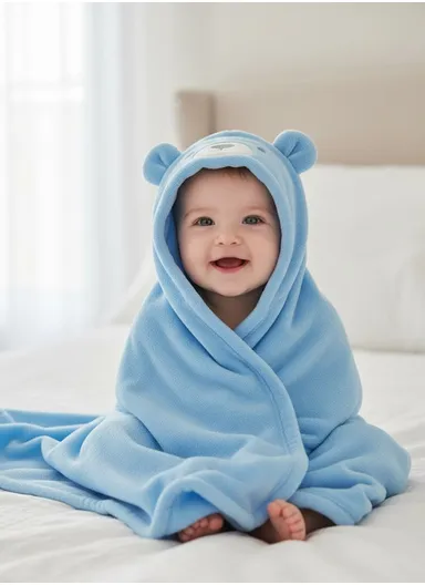 Soft Bear Style Baby Hooded Bath Towel, Ultra-Absorbent &amp; Warm Baby Bath Blanket (L77 × W104)cm – Blue