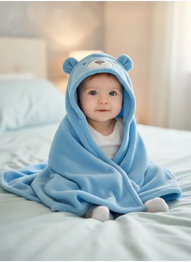Soft Bear Style Baby Hooded Bath Towel, Ultra-Absorbent &amp; Warm Baby Bath Blanket (L77 × W104)cm – Blue
