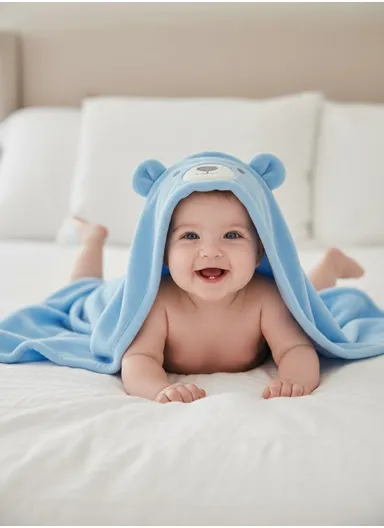 Soft Bear Style Baby Hooded Bath Towel, Ultra-Absorbent &amp; Warm Baby Bath Blanket (L77 × W104)cm – Blue