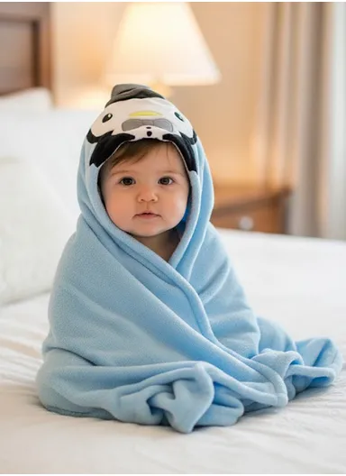 Soft Penguin Style Baby Hooded Bath Towel, Ultra-Absorbent &amp; Warm Baby Bath Blanket (L77 × W104)cm – Blue