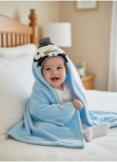 Soft Penguin Style Baby Hooded Bath Towel, Ultra-Absorbent &amp; Warm Baby Bath Blanket (L77 × W104)cm – Blue