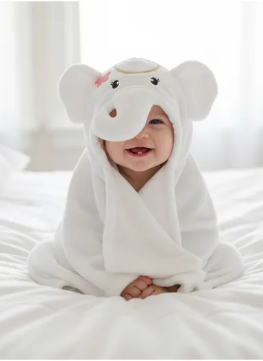 Soft Elephant Style Baby Hooded Bath Towel, Ultra-Absorbent &amp; Warm Baby Bath Blanket (L77 × W104)cm - White