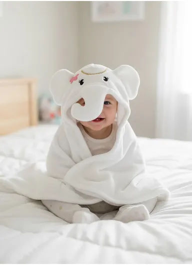 Soft Elephant Style Baby Hooded Bath Towel, Ultra-Absorbent &amp; Warm Baby Bath Blanket (L77 × W104)cm - White