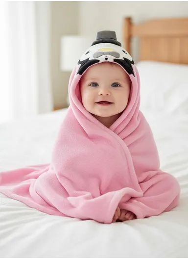 Soft Penguin Style Baby Hooded Bath Towel, Ultra-Absorbent &amp; Warm Baby Bath Blanket (L77 × W104)cm – Pink