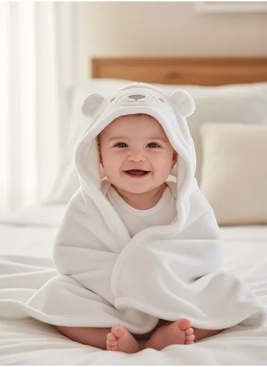 Soft Bear Style Baby Hooded Bath Towel, Ultra-Absorbent &amp; Warm Baby Bath Blanket (L77 × W104)cm – White
