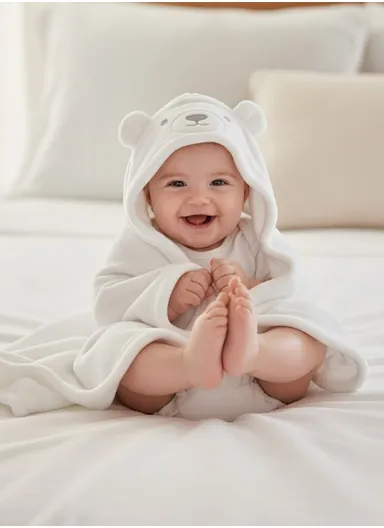 Soft Bear Style Baby Hooded Bath Towel, Ultra-Absorbent &amp; Warm Baby Bath Blanket (L77 × W104)cm – White