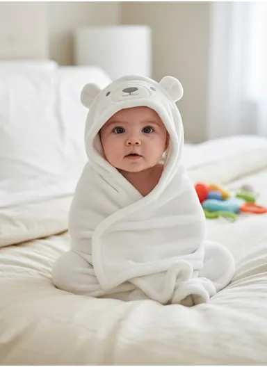 Soft Bear Style Baby Hooded Bath Towel, Ultra-Absorbent &amp; Warm Baby Bath Blanket (L77 × W104)cm – White