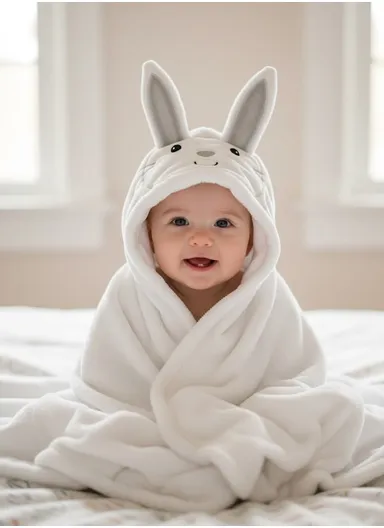 Soft Rabbit Style Baby Hooded Bath Towel, Ultra-Absorbent &amp; Warm Baby Bath Blanket (L77 × W104)cm - White