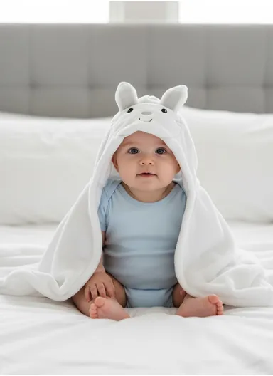Soft Rabbit Style Baby Hooded Bath Towel, Ultra-Absorbent &amp; Warm Baby Bath Blanket (L77 × W104)cm - White