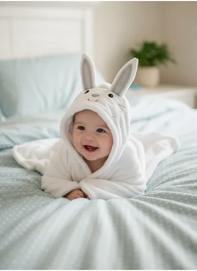 Soft Rabbit Style Baby Hooded Bath Towel, Ultra-Absorbent &amp; Warm Baby Bath Blanket (L77 × W104)cm - White