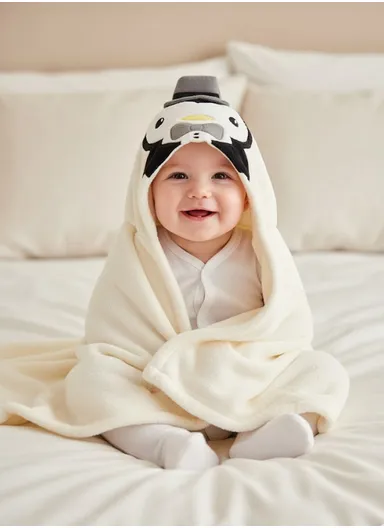 Soft Penguin Style Baby Hooded Bath Towel, Ultra-Absorbent &amp; Warm Baby Bath Blanket (L77 × W104)cm – Off White