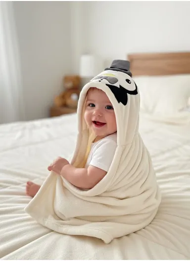 Soft Penguin Style Baby Hooded Bath Towel, Ultra-Absorbent &amp; Warm Baby Bath Blanket (L77 × W104)cm – Off White