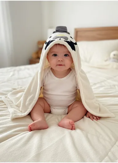 Soft Penguin Style Baby Hooded Bath Towel, Ultra-Absorbent &amp; Warm Baby Bath Blanket (L77 × W104)cm – Off White