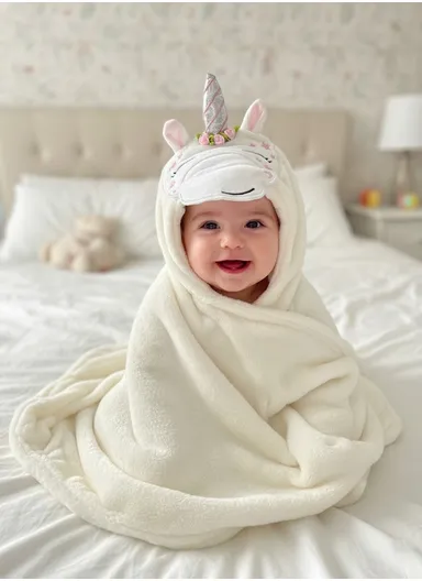 Soft Unicorn Style Baby Hooded Bath Towel, Ultra-Absorbent &amp; Warm Baby Bath Blanket (77 × 104)cm – Off White
