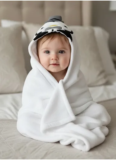 Soft Penguin Style Baby Hooded Bath Towel, Ultra-Absorbent &amp; Warm Baby Bath Blanket (L77 × W104)cm – White