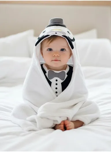 Soft Penguin Style Baby Hooded Bath Towel, Ultra-Absorbent &amp; Warm Baby Bath Blanket (L77 × W104)cm – White