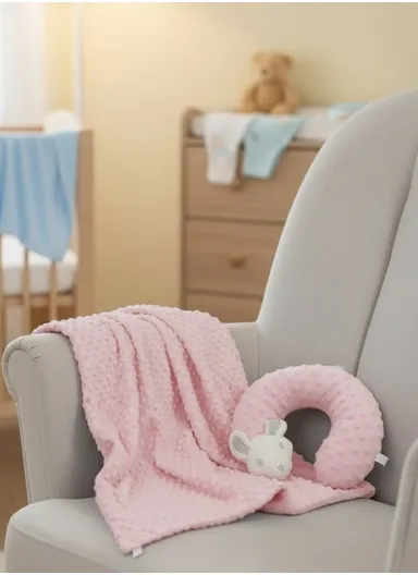 Children’s U-Shaped Neck Pillow &amp; Blanket Set, Soft, Breathable All-Season Comfort (L100 x W75)cm - Pink