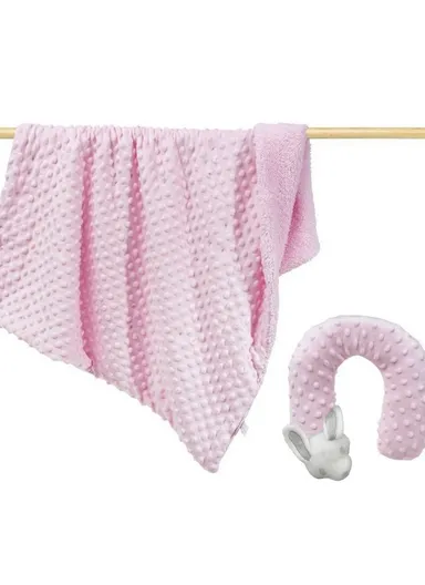 Children’s U-Shaped Neck Pillow &amp; Blanket Set, Soft, Breathable All-Season Comfort (L100 x W75)cm - Pink