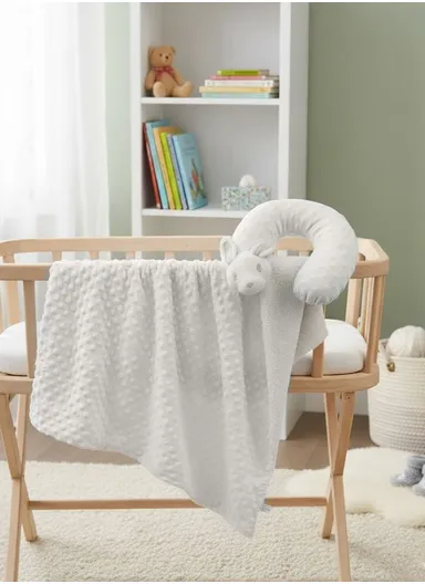 Children’s U-Shaped Neck Pillow &amp; Blanket Set, Soft, Breathable All-Season Comfort (L100 x W75)cm - White