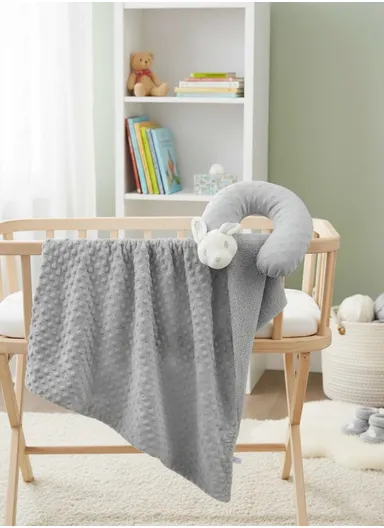Children’s U-Shaped Neck Pillow &amp; Blanket Set, Soft, Breathable All-Season Comfort (L100 x W75)cm - Gray