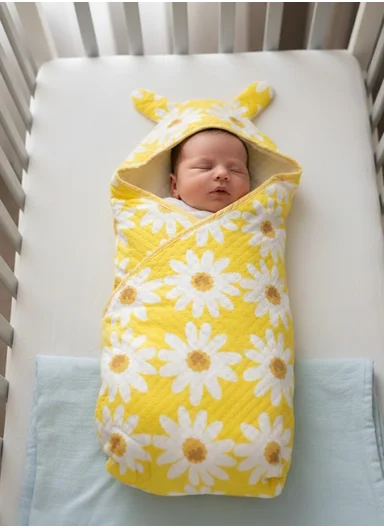 100% Cotton Baby Bath Towel, Soft &amp; Absorbent Fabric, Gentle on Skin, Durable &amp; Quick Drying Hooded Towel with Cute Ears (L75 x W75)cm - Yellow Flower