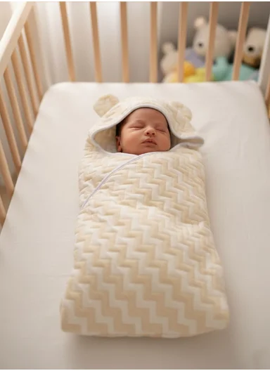 100% Cotton Baby Bath Towel, Soft &amp; Absorbent Fabric, Gentle on Skin, Durable &amp; Quick Drying Hooded Towel with Cute Ears (L75 x W75)cm - Peach Zig-Zag