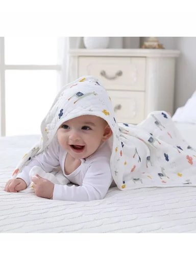 100% Cotton Baby Bath Towel, Soft &amp; Absorbent Fabric, Gentle on Skin, Durable &amp; Quick Drying Hooded Towel with Cute Ears (L75 x W75)cm - White Beach